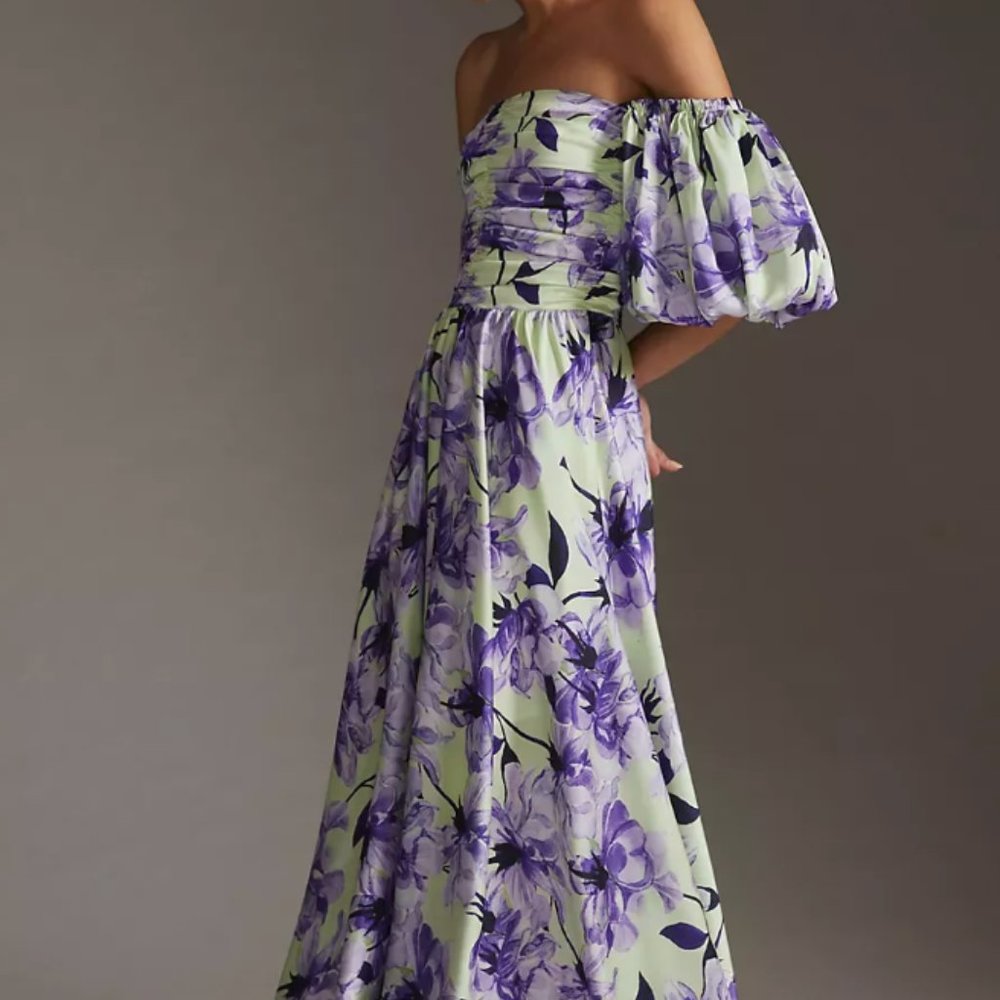 Anthropologie - Delfi Puff-sleeve Floral Printed Maxi Dress In Purple
